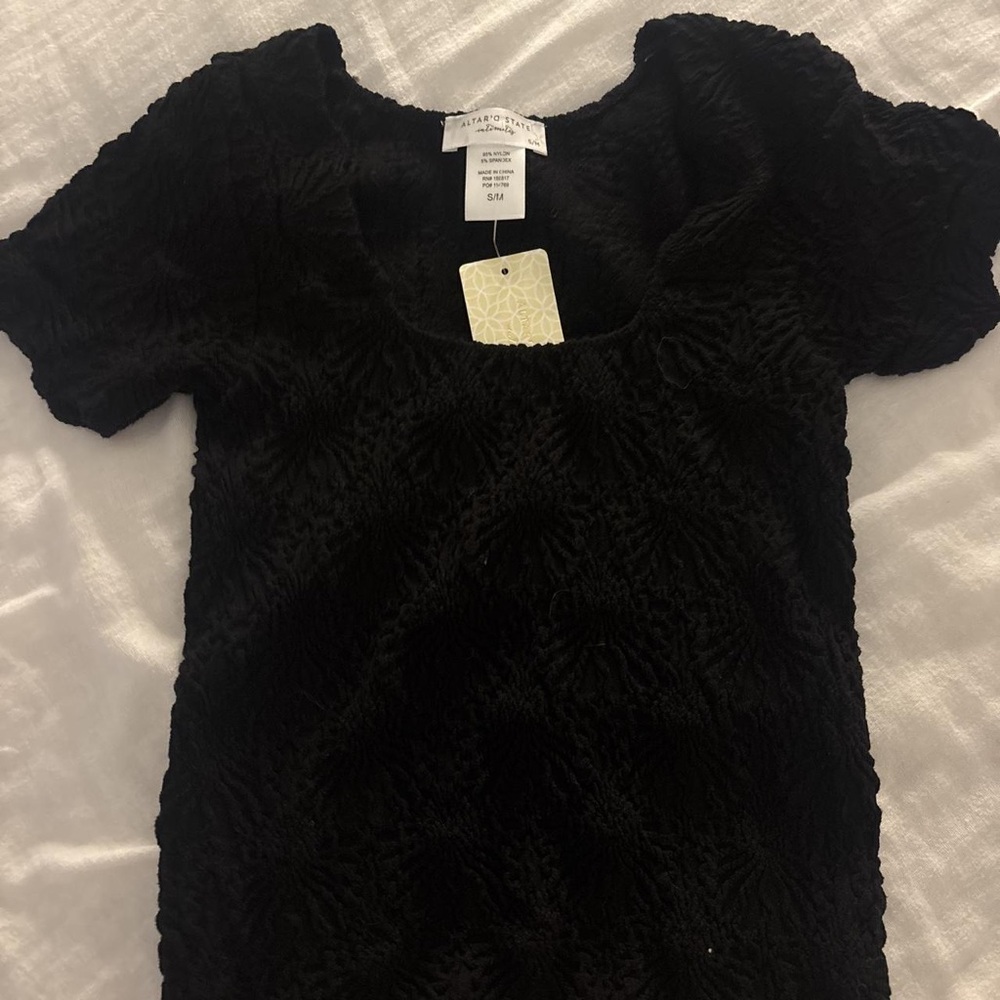 Altar'd State Black Textured Puff-Sleeve Square Neck Top